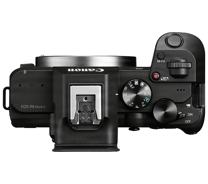 Canon EOS R8 Mark II: Pogled odozgo — točkići i okidač
