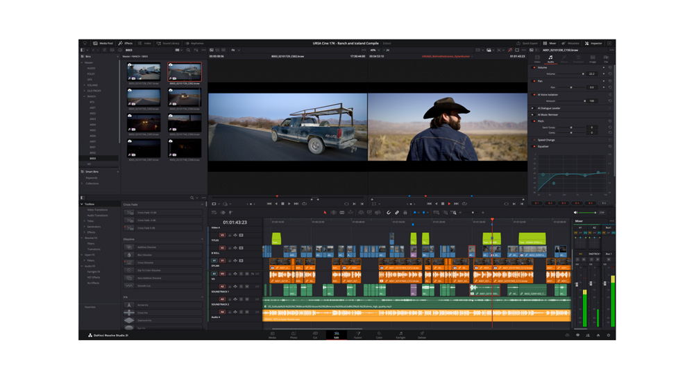 DaVinci Resolve 21.1 Edit stranica sa pregledom kadra i vremenskom linijom